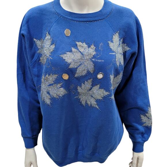 Hanes Her Way Blue Sequin Ugly Sweater Sz XL Holiday Kitschy Leaves Snowflakes - Picture 2 of 10
